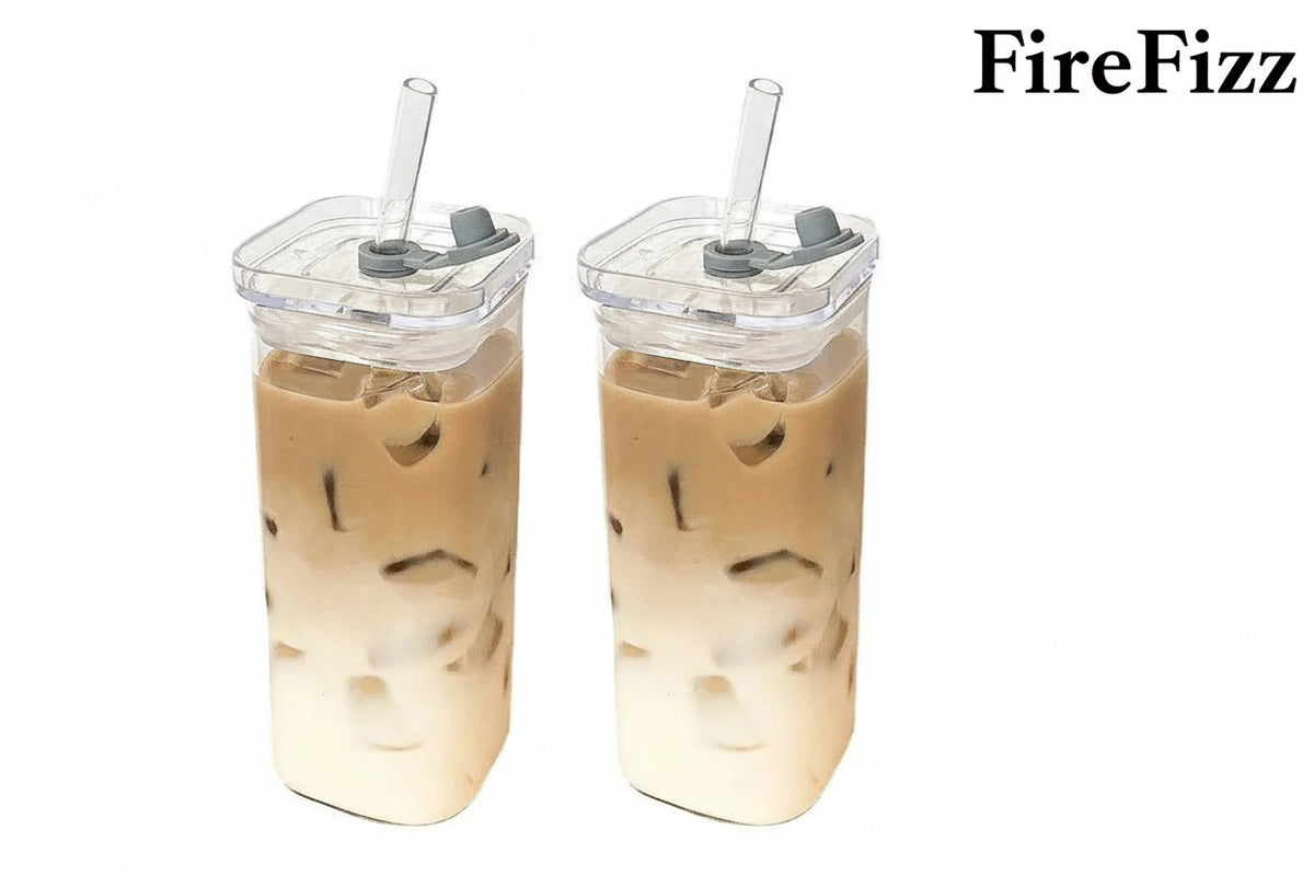 Leak-Proof Square Glass Iced Coffee Cup – Aesthetic Insulated Milk Tea & Juice Mug with Lid and Straw – Durable Home Bar Drinkware
