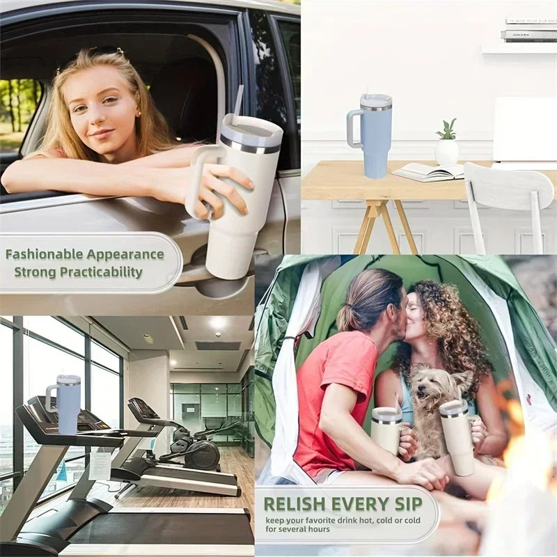 New 40oz Stainless Steel Car Cup Large Capacity Water Cup with Handle and Straw Double-walled Insulated Travel Mug Holiday Gifts