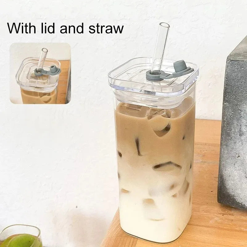 Leak-Proof Square Glass Iced Coffee Cup – Aesthetic Insulated Milk Tea & Juice Mug with Lid and Straw – Durable Home Bar Drinkware