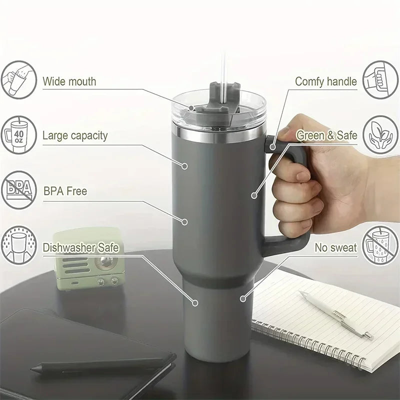 New 40oz Stainless Steel Car Cup Large Capacity Water Cup with Handle and Straw Double-walled Insulated Travel Mug Holiday Gifts