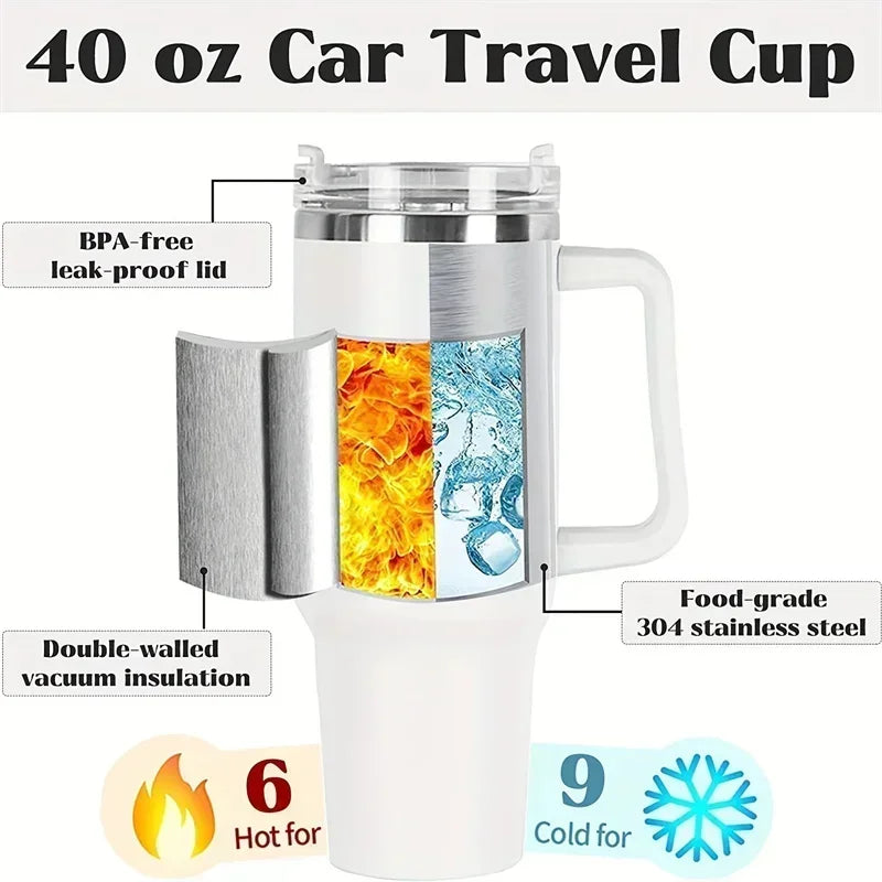 New 40oz Stainless Steel Car Cup Large Capacity Water Cup with Handle and Straw Double-walled Insulated Travel Mug Holiday Gifts