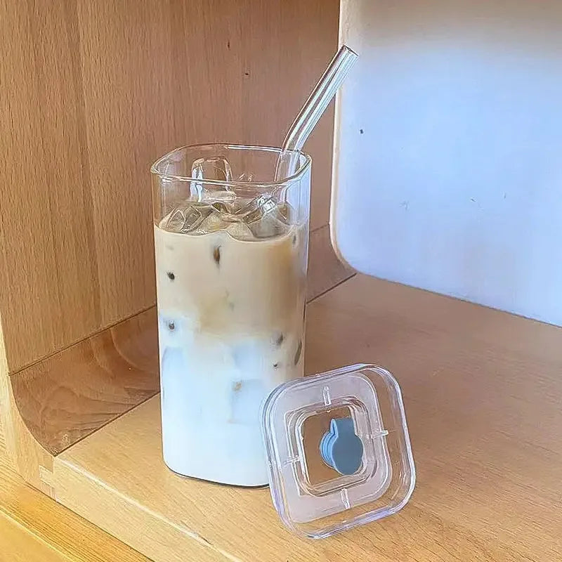 Leak-Proof Square Glass Iced Coffee Cup – Aesthetic Insulated Milk Tea & Juice Mug with Lid and Straw – Durable Home Bar Drinkware