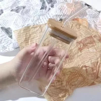 Leak-Proof Square Glass Iced Coffee Cup – Aesthetic Insulated Milk Tea & Juice Mug with Lid and Straw – Durable Home Bar Drinkware