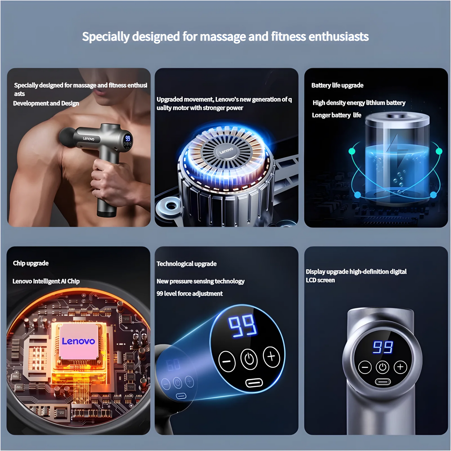 Lenovo Deep Tissue Massage Gun – 8 Professional Heads & LED Touch Screen | Portable Percussion Massager for Muscle Recovery, Pain Relief & Fitness Relaxation