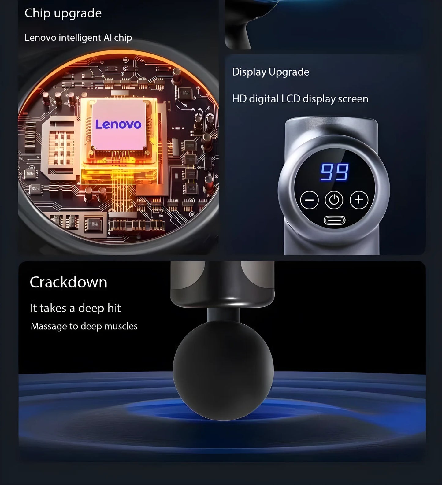 Lenovo Deep Tissue Massage Gun – 8 Professional Heads & LED Touch Screen | Portable Percussion Massager for Muscle Recovery, Pain Relief & Fitness Relaxation