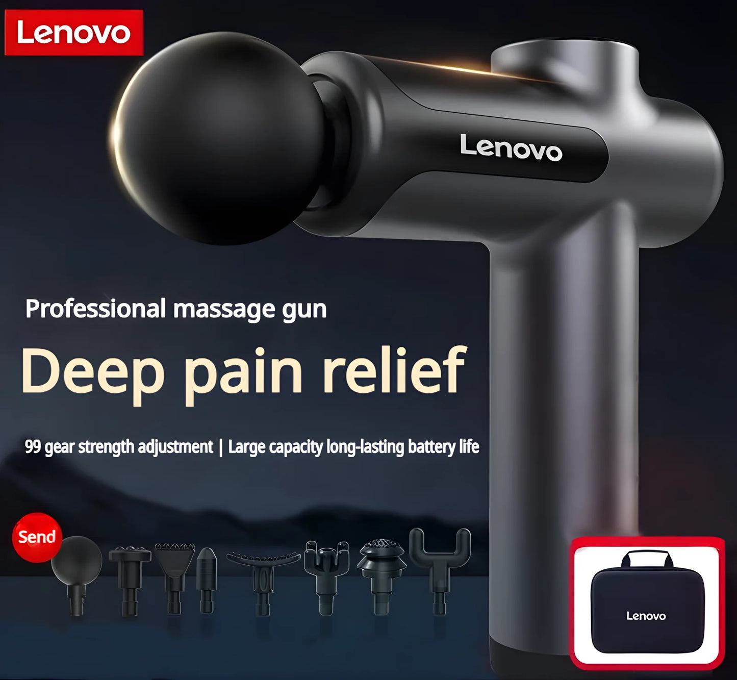 Lenovo Deep Tissue Massage Gun – 8 Professional Heads & LED Touch Screen | Portable Percussion Massager for Muscle Recovery, Pain Relief & Fitness Relaxation